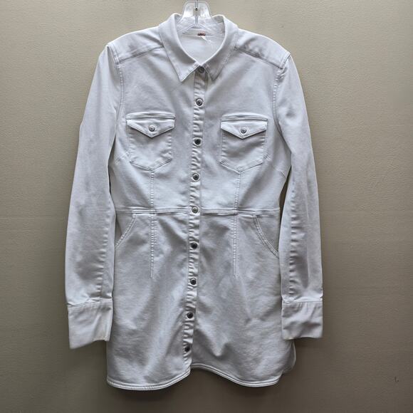 Free People Dresses & Skirts - Free People Dynamite White Denim Mini Shirt Dress Snap Front Long Sleeves SZ Med